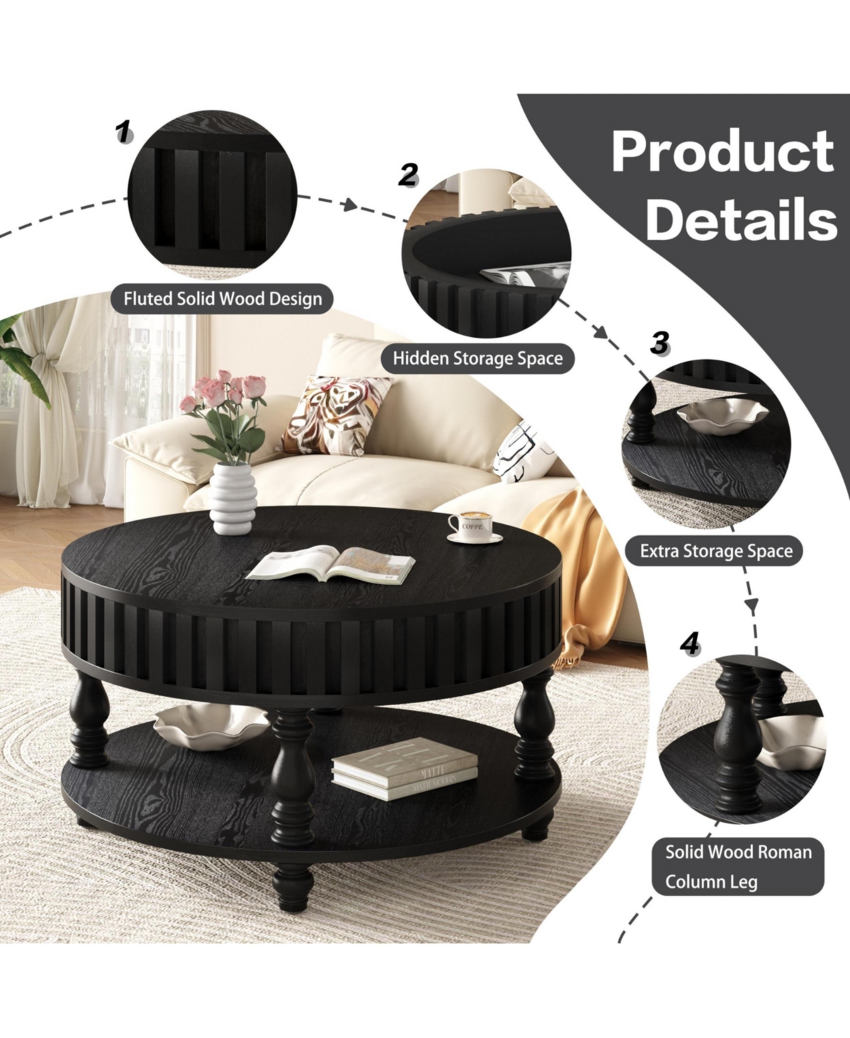 Flynama 31.5" Flip-Top Fluted Coffee Table
