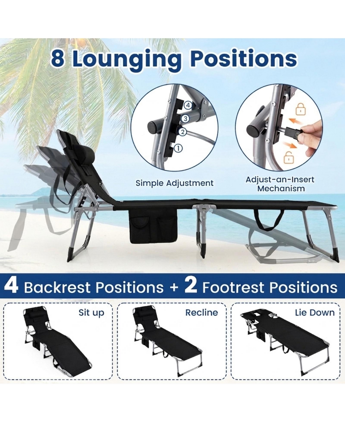 Gouun Set of 2 Portable Tanning Chaise Lounge Chair with 4-Position Adjustable Back