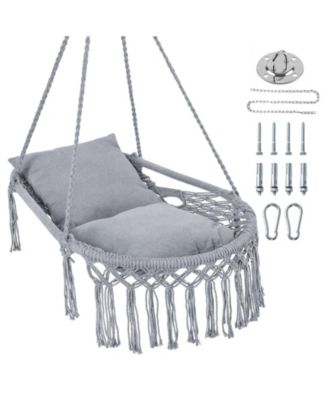 Macrame Swing Chair with 2 Removable Cushions, Enduring Polyester Cotton Ropes