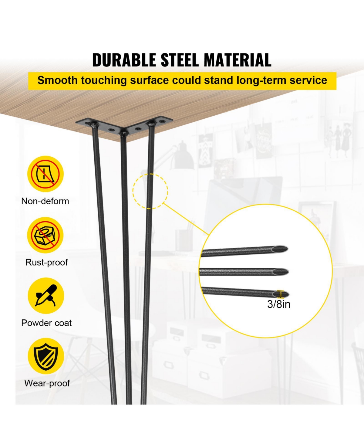 Sugift 18in Set of 4 Hairpin Desk Legs 880lbs Load Capacity Each 220lbs 3 Rod Carbon Steel Furniture Legs