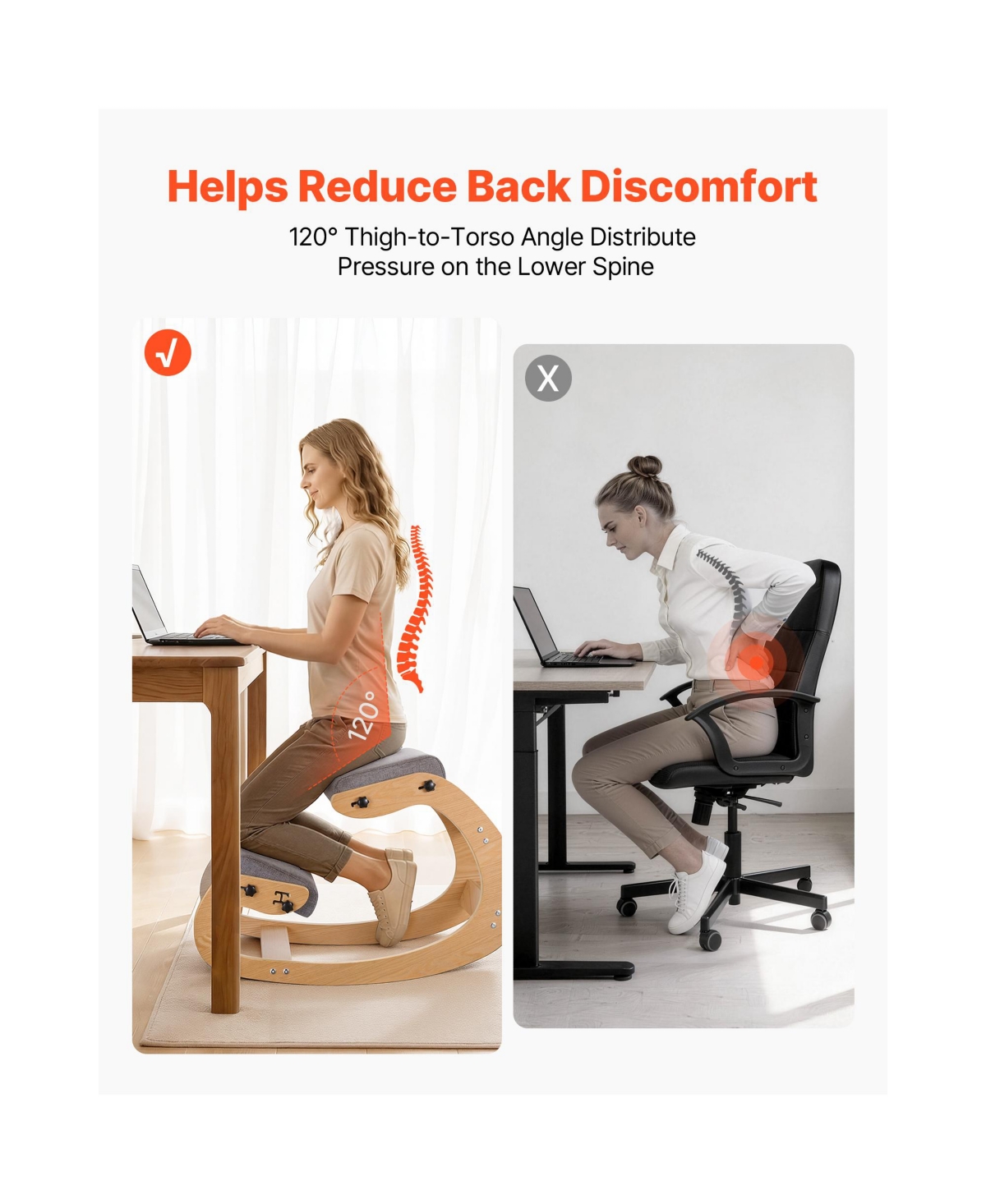 Sugift Ergonomic Kneeling Chair with Adjustable Thick Foam Cushions Solid Wood Frame for Home Office