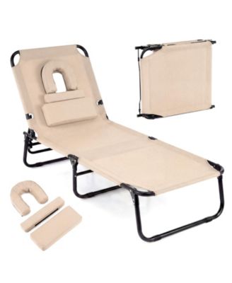 Beach Chaise Lounge Chair with 4-Position Adjustable Backrest and Face Hole Pillows