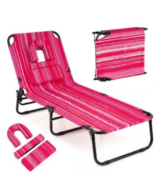Beach Chaise Lounge Chair with 4-Position Adjustable Backrest and Face Hole Pillows