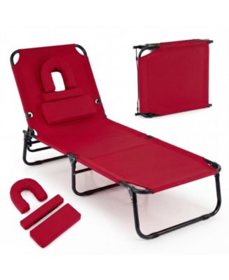 Beach Chaise Lounge Chair with 4-Position Adjustable Backrest and Face Hole Pillows