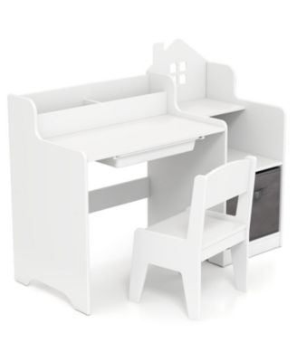 Kids House-Shaped Study Desk and Chair Set with Storage Shelves and Fabric Bin