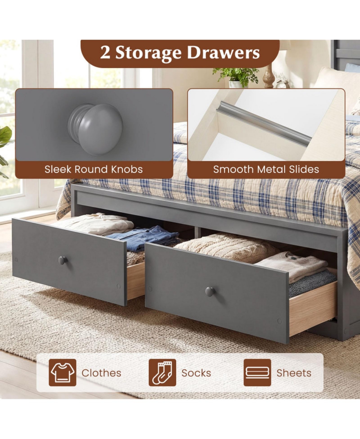 Sugift Full Size Wooden Platform Bed Frame with 2 Storage Drawers