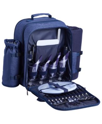 4 Person Picnic Backpack with Insulated Cooler Detachable Bottle Holder Blanket Plates Cutlery Set