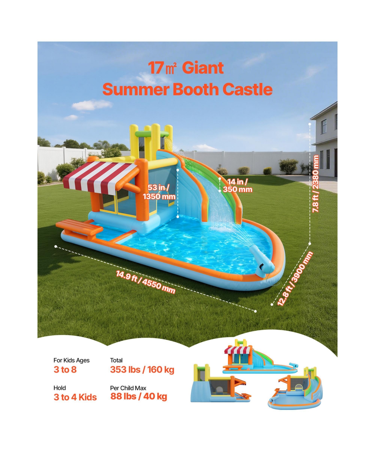 Sugift 14.9 x 12.8 x 7.8 ft Inflatable Water Slide Bounce House, For 3 to 4 Kids, Ages 3-8