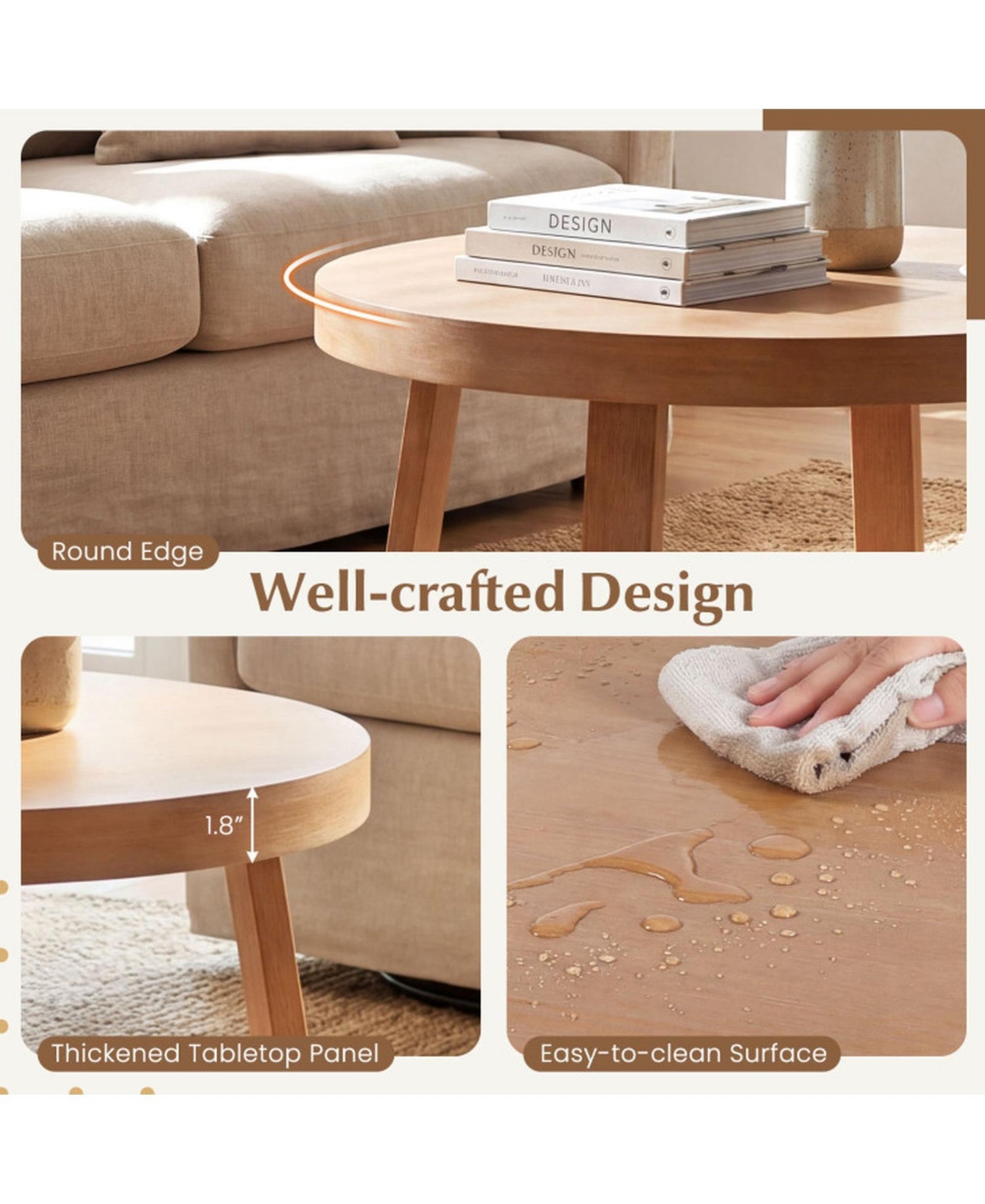 Gouun Round Farmhouse Accent Coffee Table with Reinforced X-Base