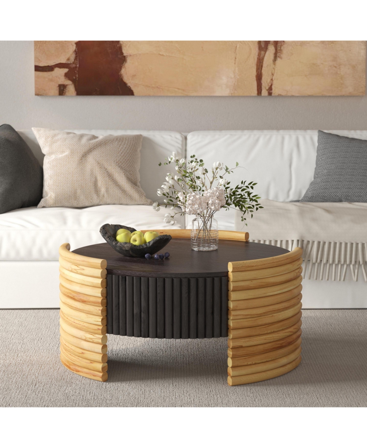 Flynama 31.5" Round Flip-Top Coffee Table, Colorblock Striped Mdf with Wood Veneer