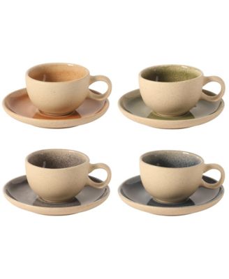 Manila Bay 8-Piece Stoneware 5 Ounce Cup and Saucer Set, Reactive Glaze Espresso & Coffee Cups with Saucers