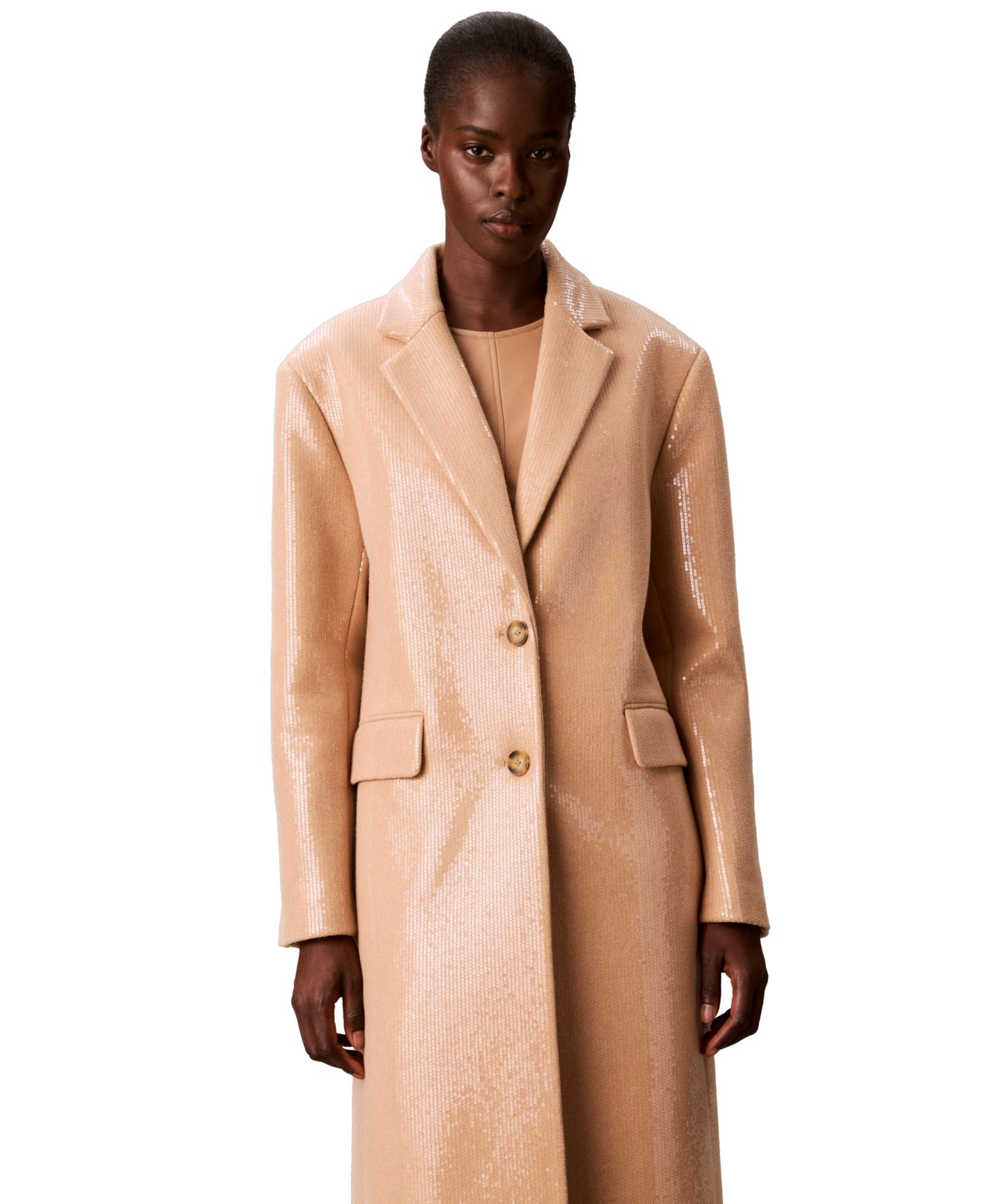 Petite Two-Button Sequined Overcoat