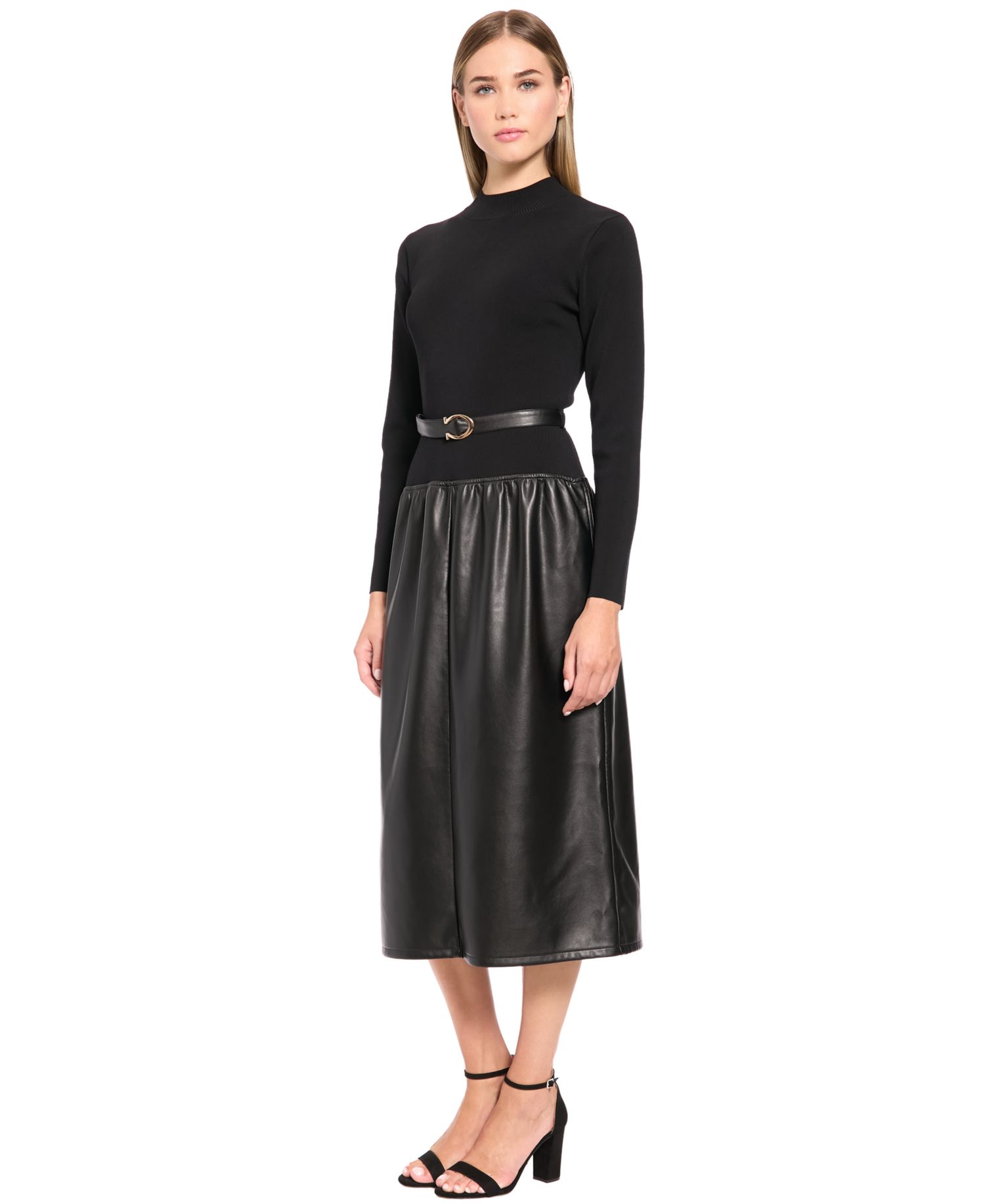 Women's Long-Sleeve Mock-Neck Mixed-Media Midi Dress