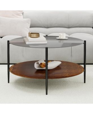 Mid Century Round Coffee Table Glass Top Wood Shelf Metal Frame Living Room Table