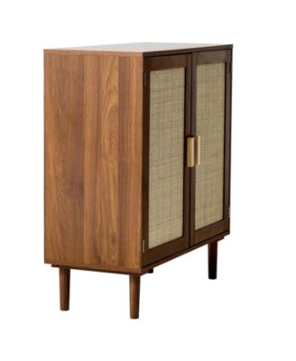 Rattan Storage Cabinet with 2 Magnetic Doors Adjustable Shelves Wooden Legs and Power Cord Hole