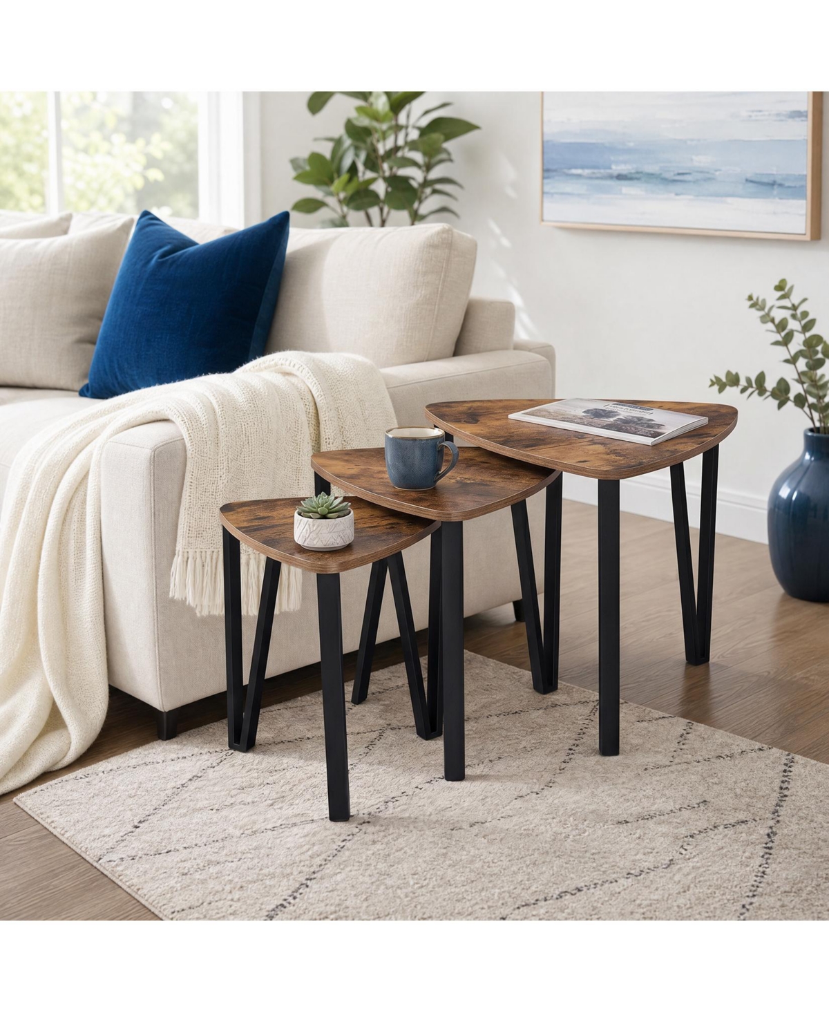 homfan Set of 3 Triangle Nesting Coffee Tables – Industrial Stacking Side Tables with Metal Frame for Living Room and Bedroom