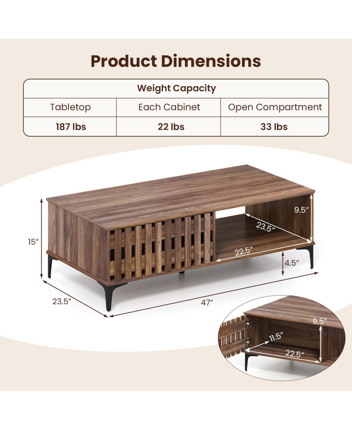 Costway 47" Mid Century Coffee Table with Fence Doors Open Compartment Front Rear Cabinets