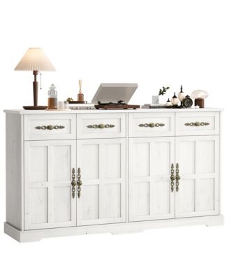 Storage Cabinet with 4 Doors and 4 Drawers, Farmhouse Buffet Sideboard with Gold Handles, Modern Entryway Console Table for Living Room