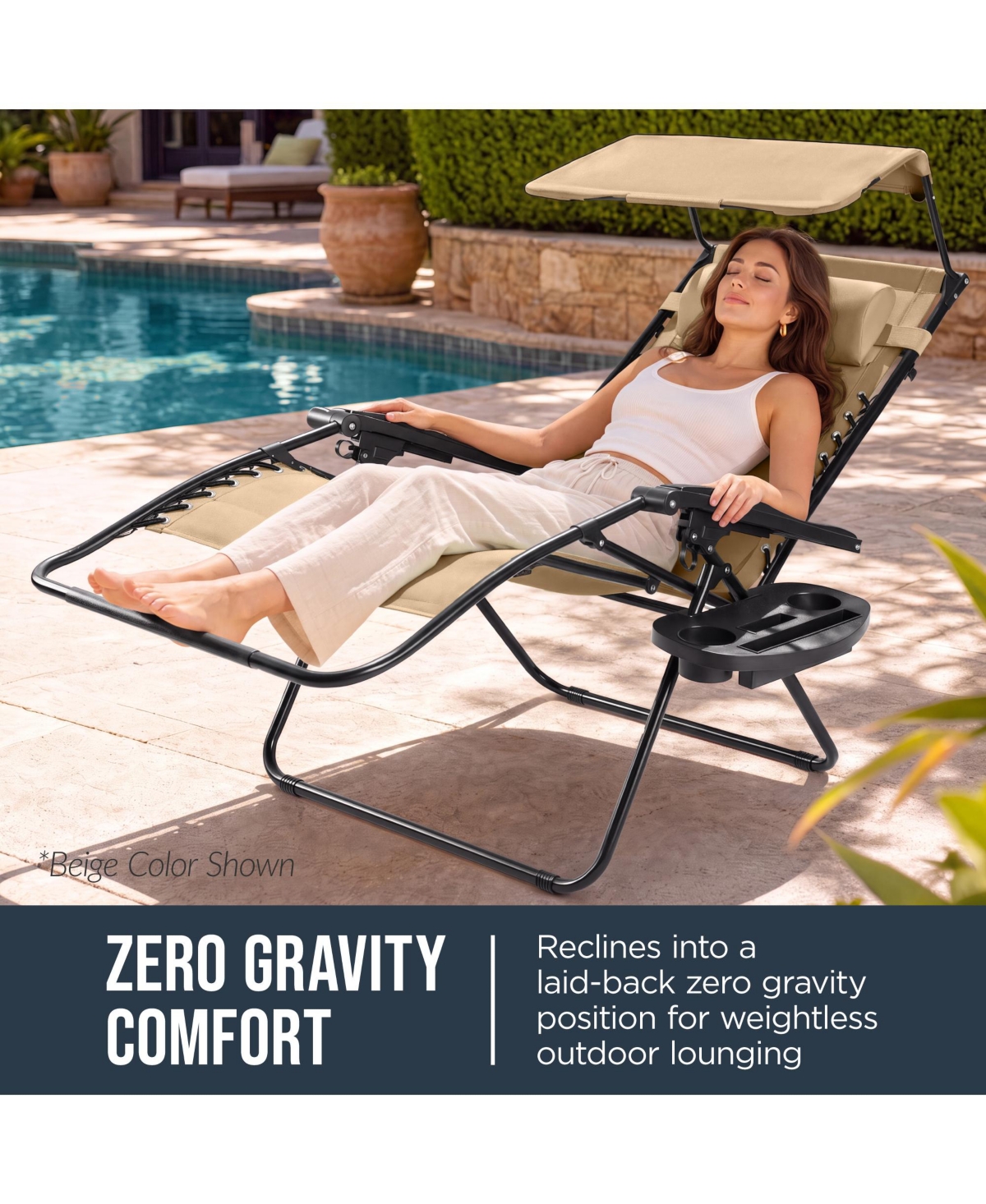 Best Choice Products Oversized Padded Zero Gravity Chair w/ Canopy Headrest Cup Holder Side Tray