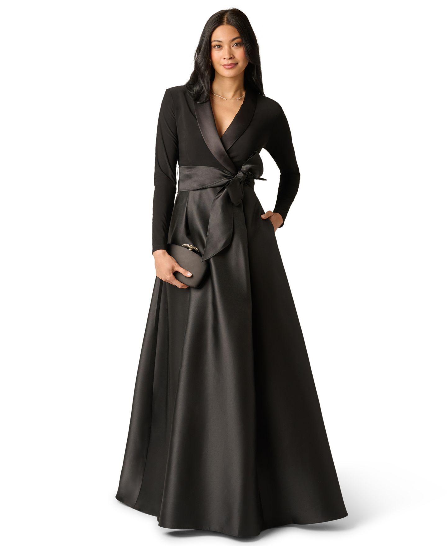 Женское платье Adrianna Papell Tuxedo Combo Fit and Flare Long-Sleeve Shawl Collar Satin Gown, цвет: Чёрный — фото 2