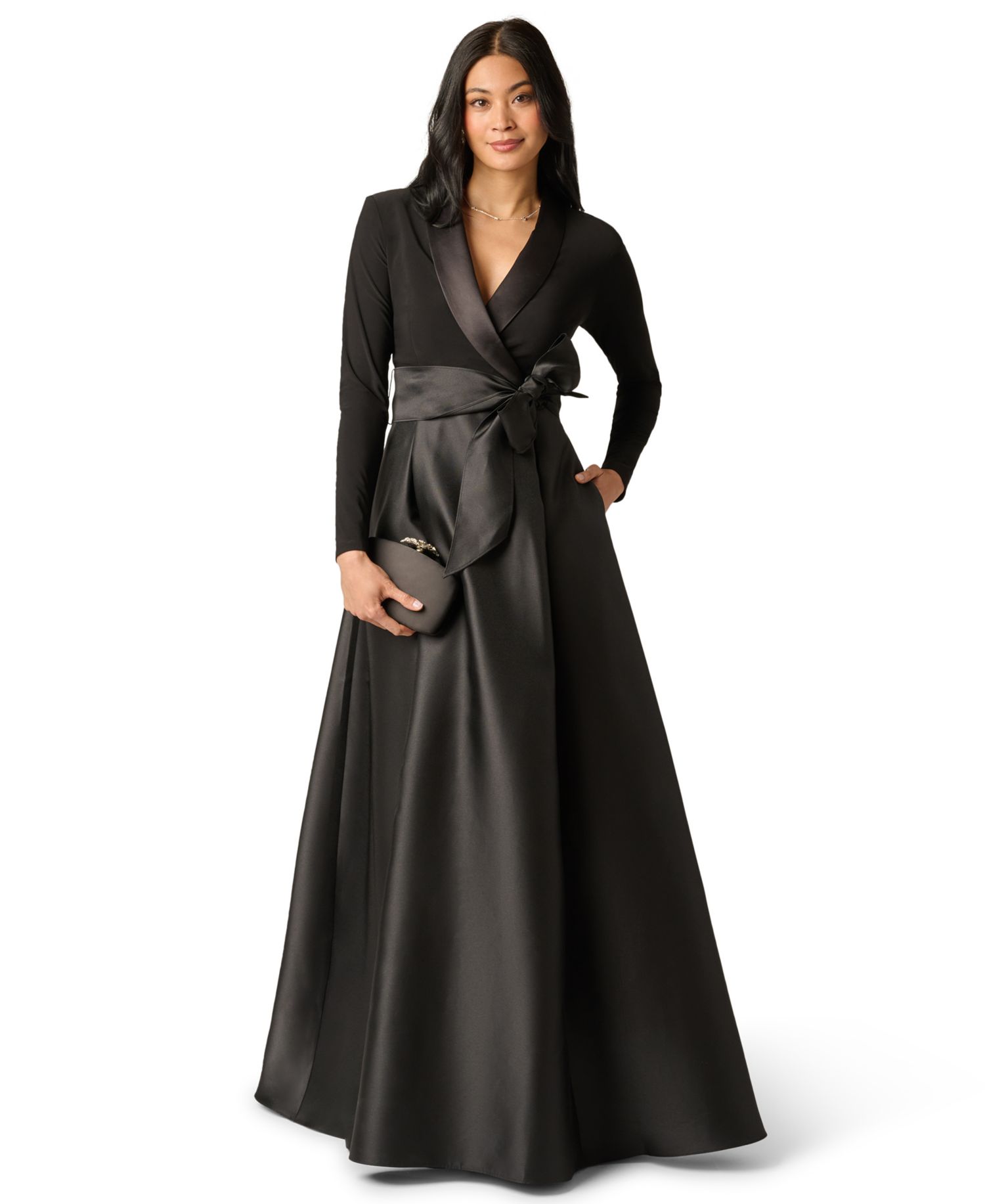 Women's Tuxedo Combo Fit and Flare Long-Sleeve Shawl Collar Satin Gown