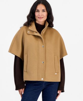 Women's Short Funnel-Neck Wool-Blend Cape Coat