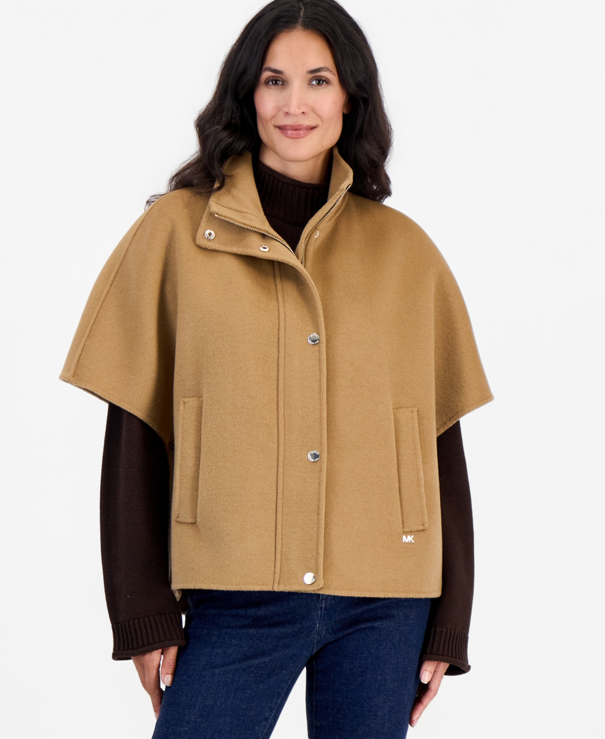 Michael Kors Women's Short Funnel-Neck Wool-Blend Cape Coat - Dark Camel