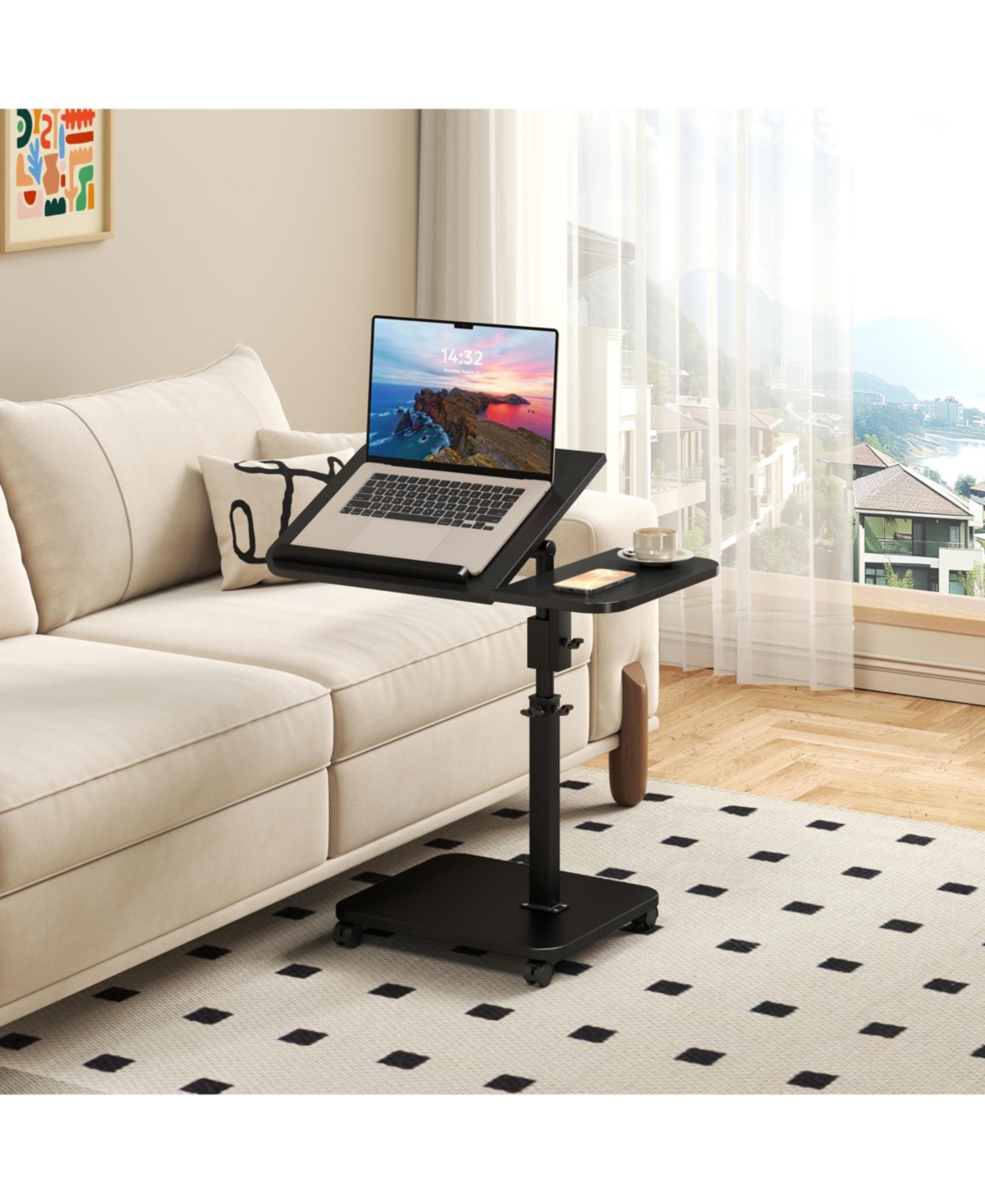 homfan Adjustable Height C-Shaped End Table with Wheels and 180degree(s) Swivel, Slide Under Sofa Tv Tray