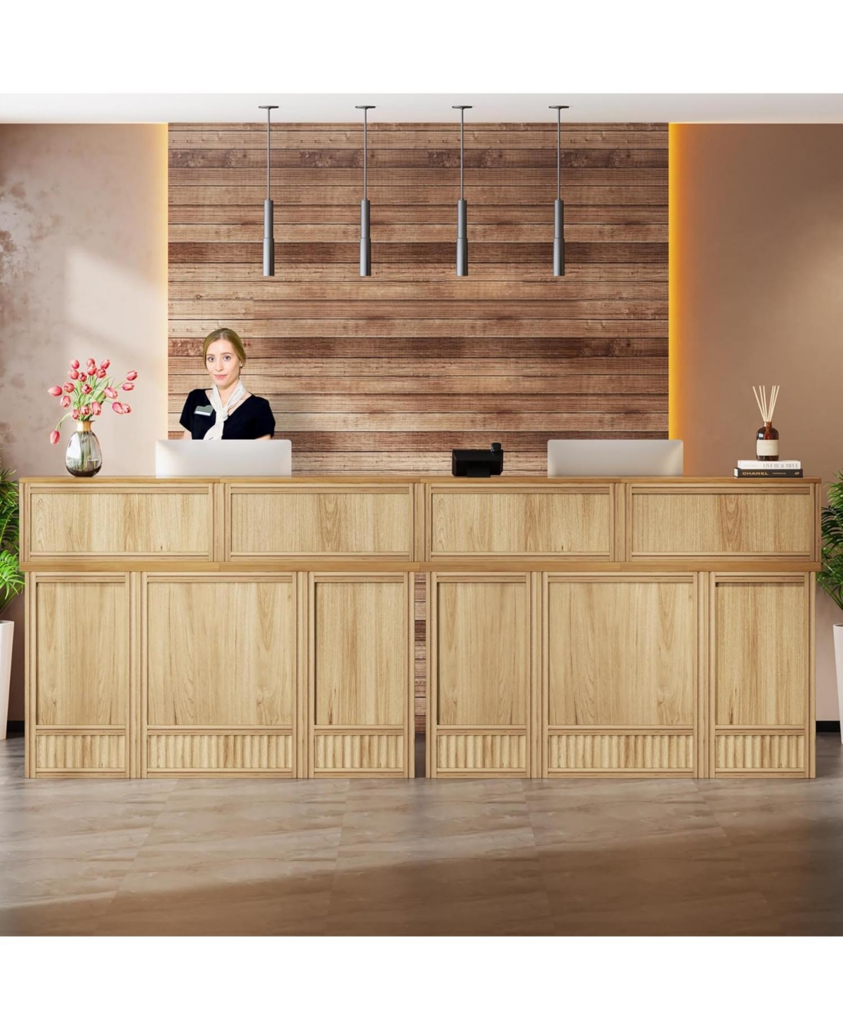 Tribesigns 57" Reception Desk with Counter, Oak