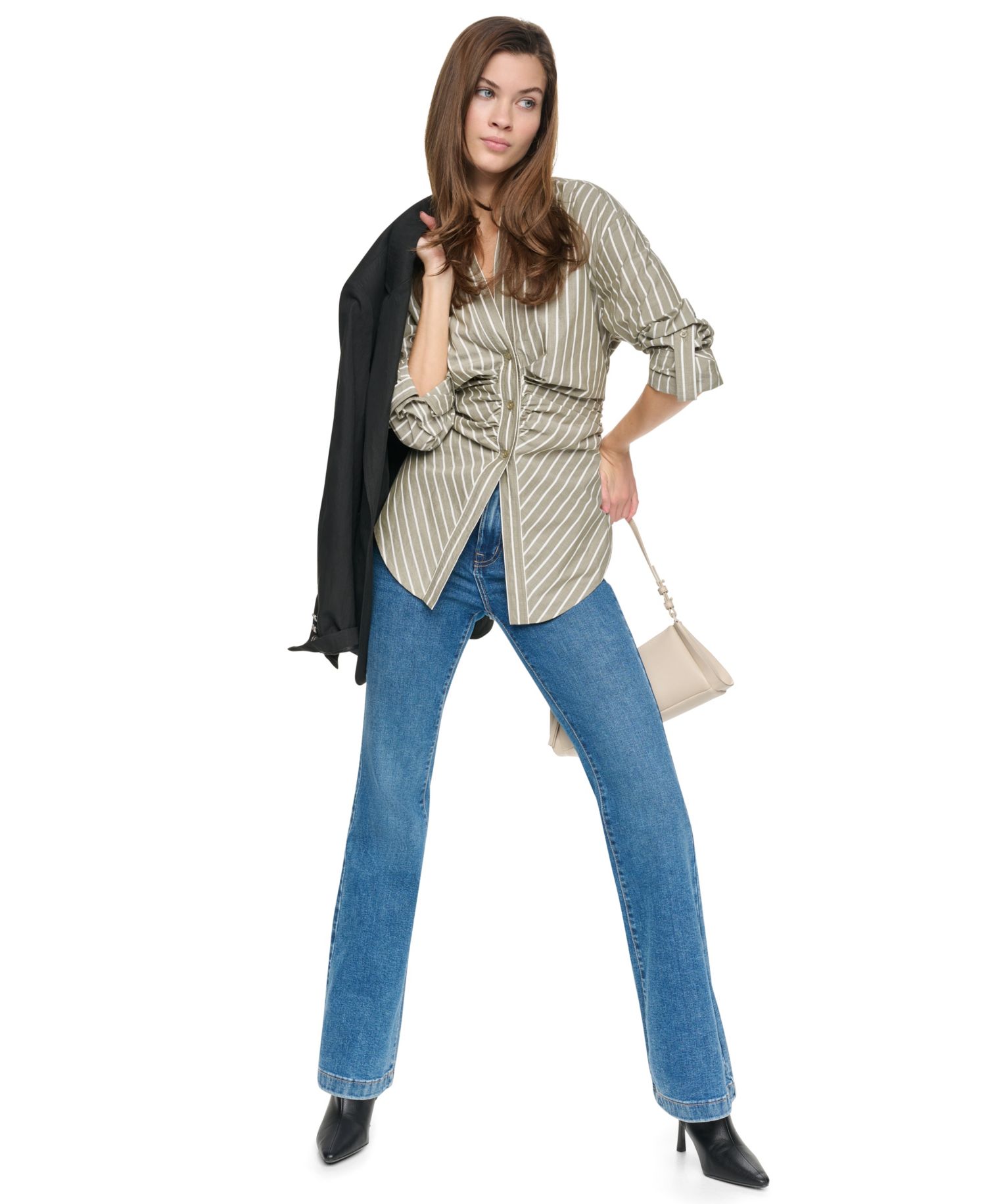 Petite Ruched Striped 3/4-Sleeve Poplin Shirt