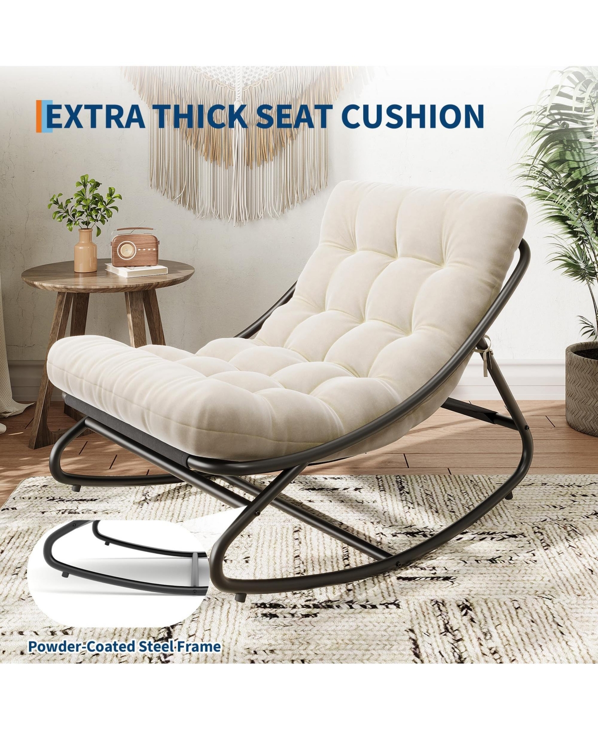homfan Oversized Patio Rocking Chair Heavy Duty Metal Frame with Thick Removable Cushion 400 lbs Capacity Outdoor Lounge Rocker for Porch Balcony