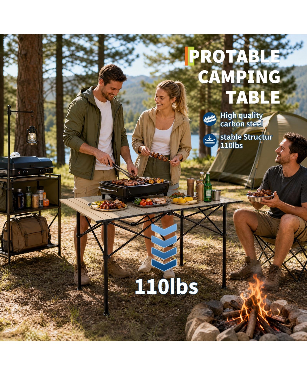 Portable Folding Aluminum Camping Table with X-Frame, Heat Resistant and Easy Clean, Natural Color