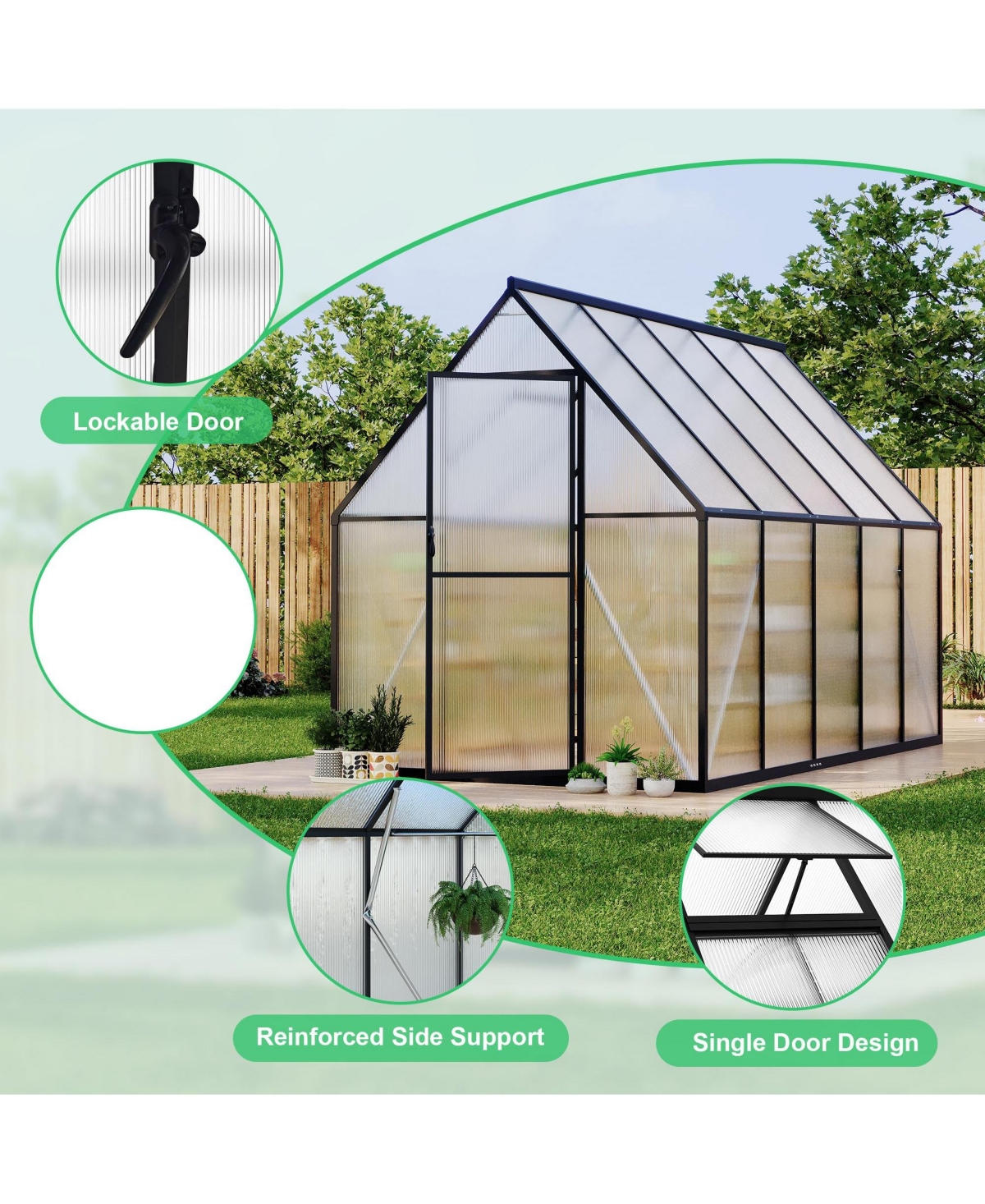6x9ft Greenhouse with Aluminum Frame, Walk-in Sun Room Pc Board Panels for Backyard Patio Garden Year-Round Planting, Silver/Green/Black