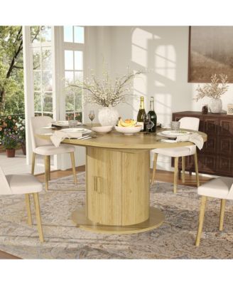 59" Oval Extendable Dining Table with Storage, Engineered Wood Table with Roll-Up Cabinet, Space Saving for Dining Room, Kitchen, Black/Brown