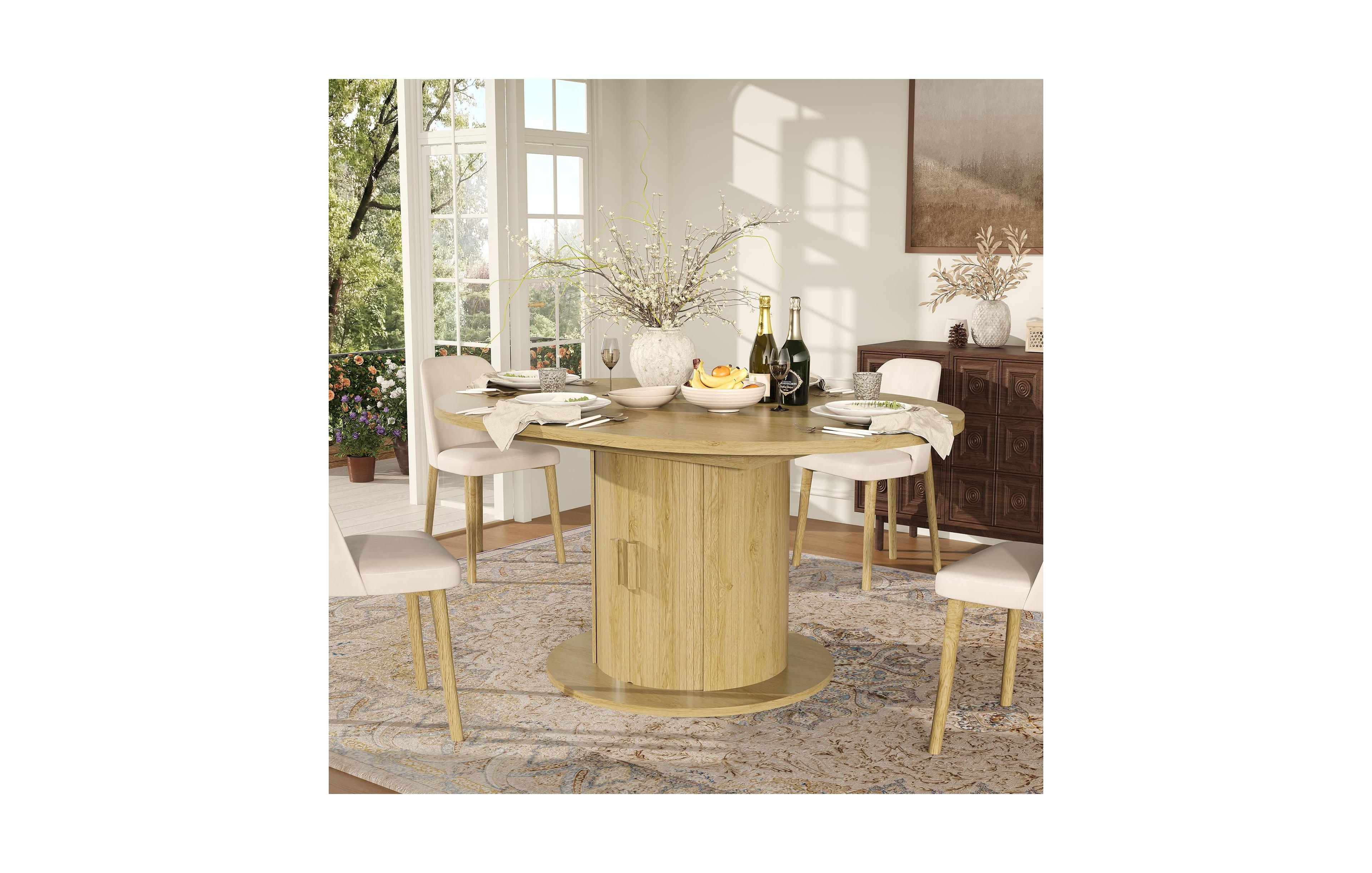 59" Oval Extendable Dining Table with Storage, Engineered Wood Table with Roll-Up Cabinet, Space Saving for Dining Room, Kitchen, Black/Brown