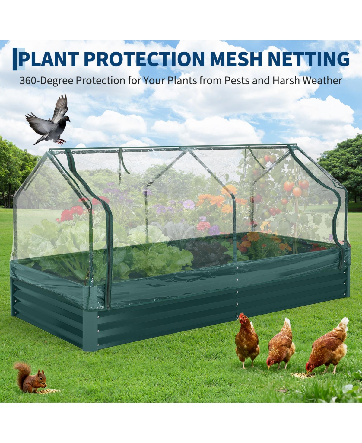 71x351x12/95x47x24 Raised Garden Bed with Pvc Cover, Metal Planter Box for Outdoor Vegetables Flowers Herbs, Green/Grey