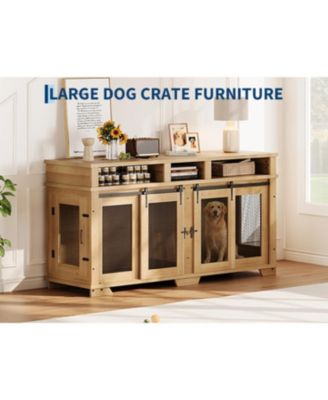 Double Dog Crate Furniture, 71 Inch Extra Large Wooden Heavy Duty Indoor Pet Kennel with Sliding Barn Door, Removable Divider, TV Stand End Table