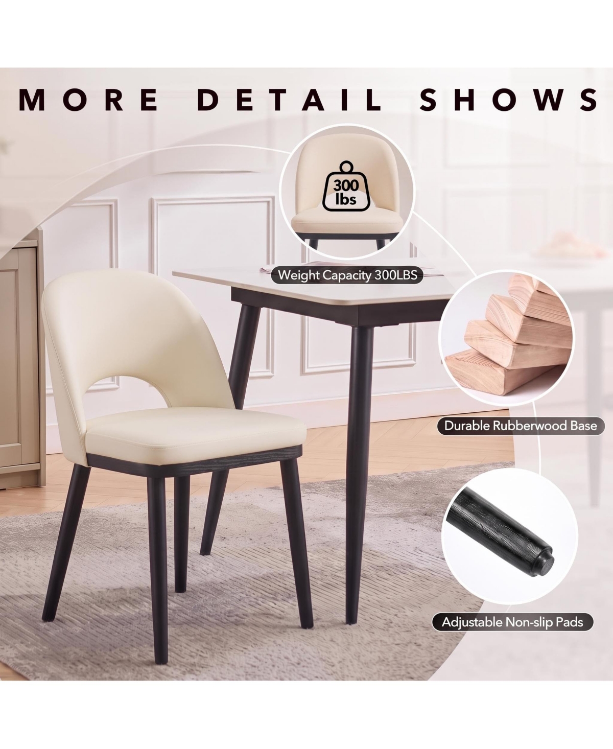Wooden Dining Chairs Set of 4 Upholstered Dining Chair, Modern Linen Fabric Hollowed Dinner Chair with Leveling Pegs Curved Back for Dining Room