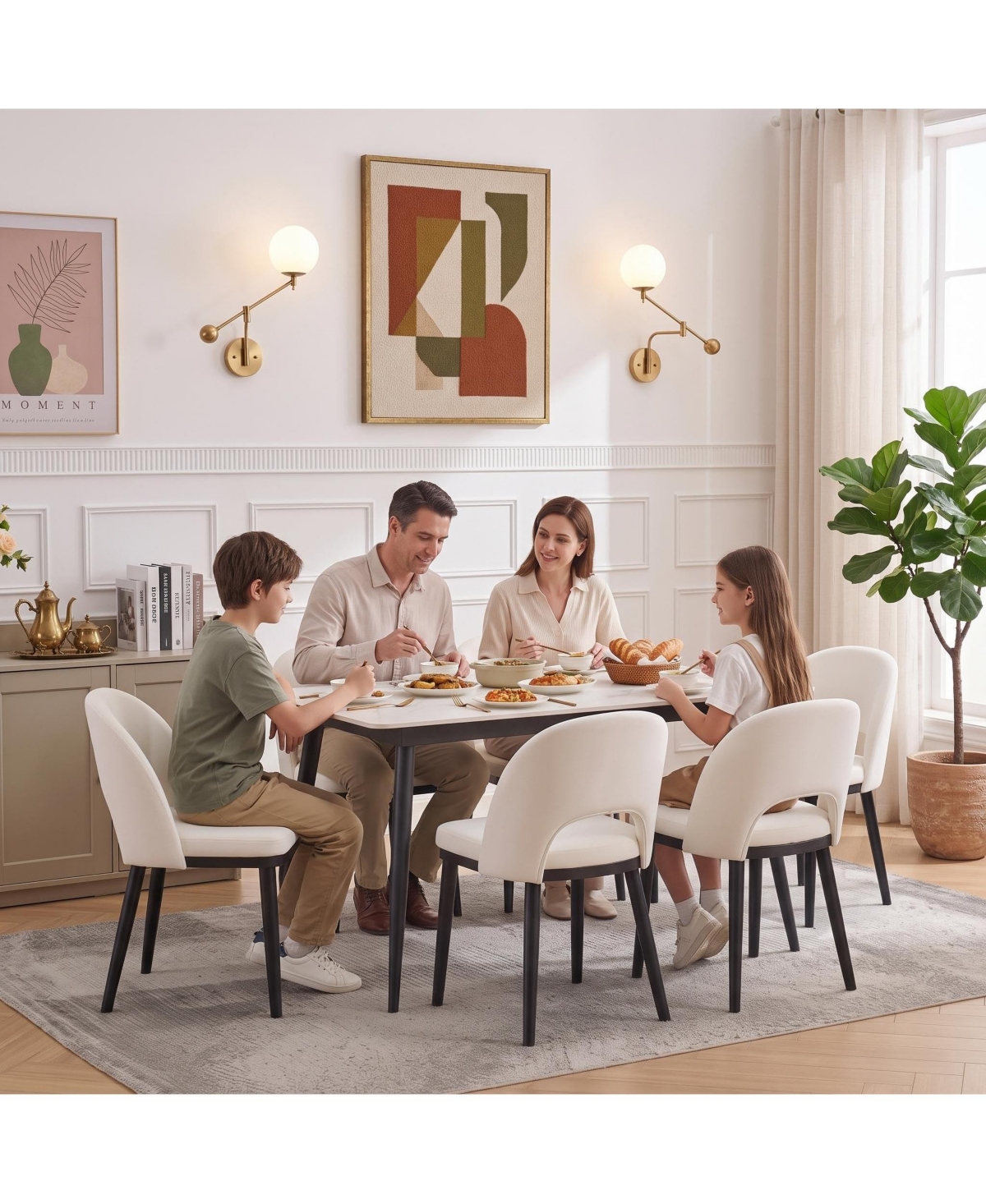 Wooden Dining Chairs Set of 6 Upholstered Dining Chair, Modern Linen Fabric Hollowed Dinner Chair with Leveling Pegs Curved Back for Dining Room