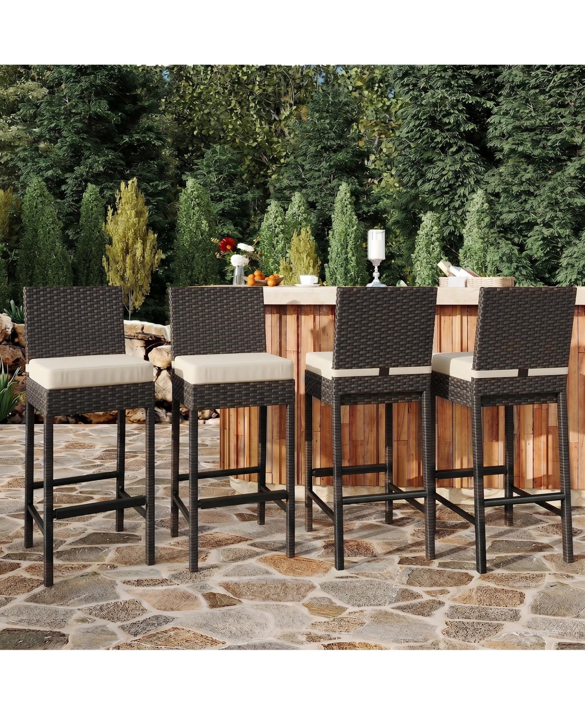 Outdoor Wicker Bar Stools Set of 4 with Cushion, Counter Height Patio Bar Chairs with Backrest, Footrest, Metal Frame for Backyard, Poolside, Garden
