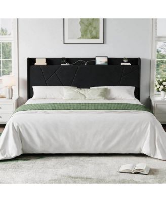 Bed Frame with Storage Headboard and Charging Station | Wingback Velvet Upholstered Platform Bed Frame, Solid Wood Slats Support, Easy Assembly