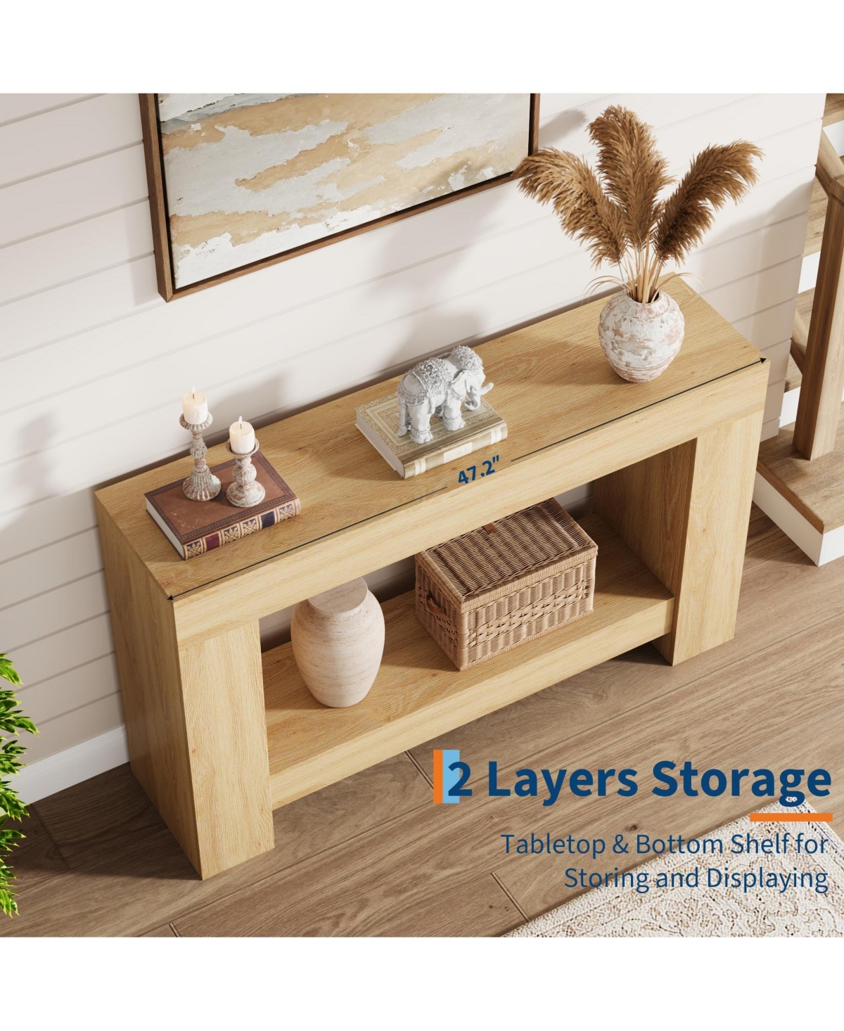 47.2" Farmhouse Console Table with H-Base, 2-Tier Entryway Sofa Table for Living Room,Natural Color