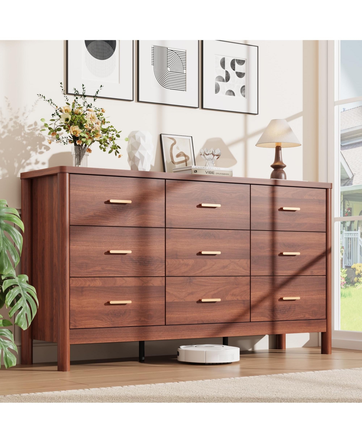 9 Drawer Dresser, Modern Storage Chest of Drawers, Freestanding Organizer with Cylindrical Legs, Metal Handles and Anti-Tip, for Bedroom, Living Room