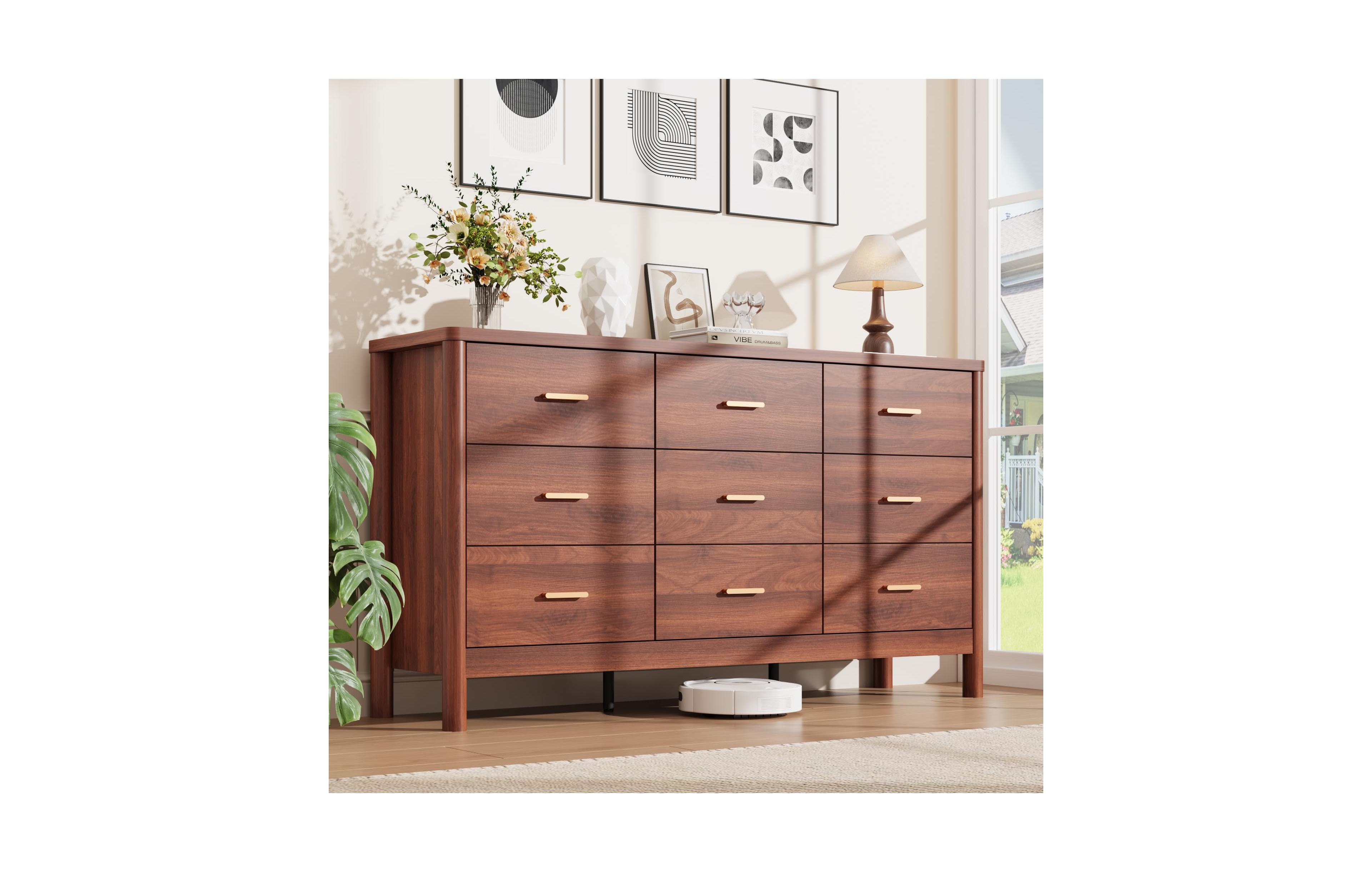 9 Drawer Dresser, Modern Storage Chest of Drawers, Freestanding Organizer with Cylindrical Legs, Metal Handles and Anti-Tip, for Bedroom, Living Room
