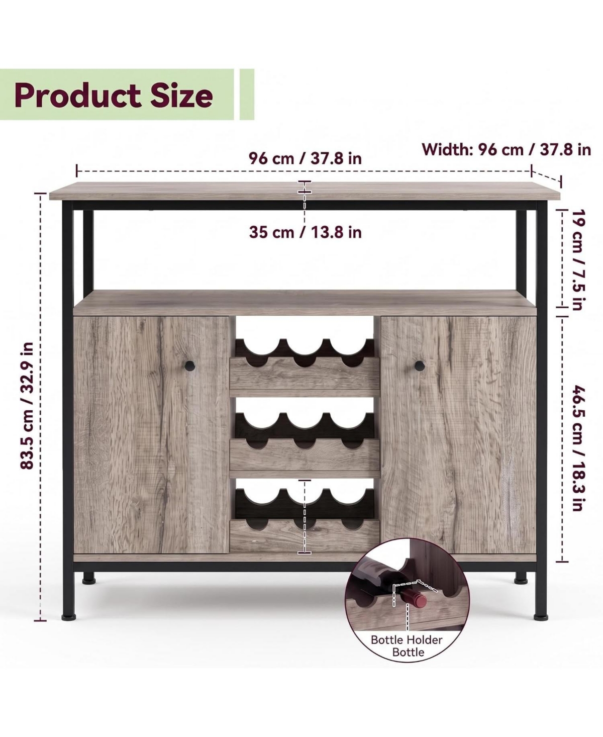 Farmhouse Sideboard Buffet Cabinet with Wine Rack and Adjustable Shelves, Kitchen Storage,Grey