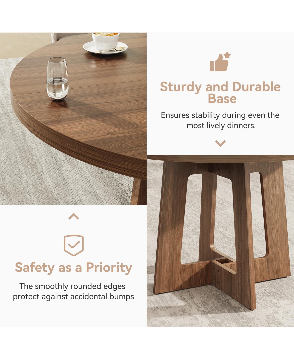 Dining Table for 4, 43 in. Rustic Round Kitchen Table for Home Dining Room Living Space