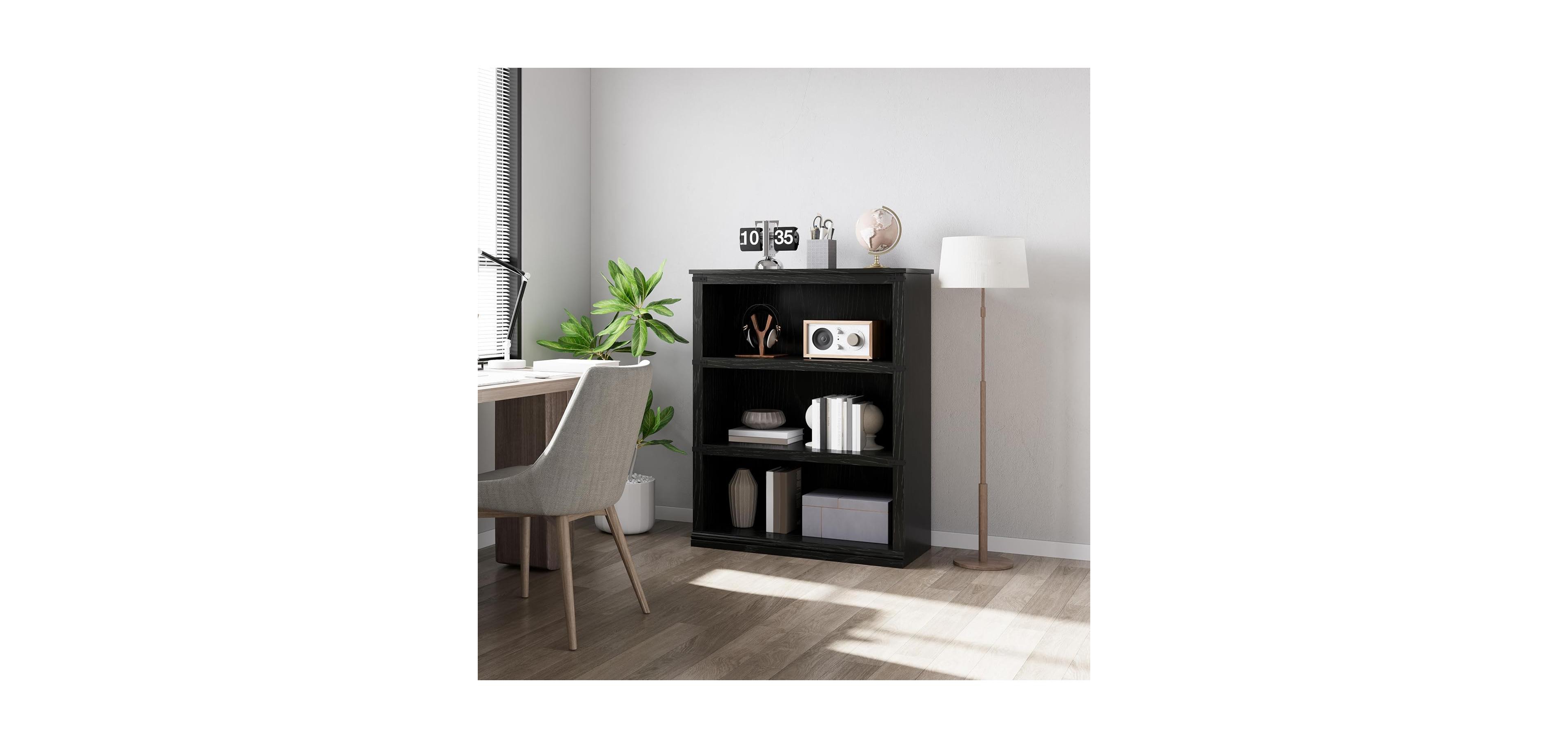 3-Tier Farmhouse Wooden Bookcase, Tall Open Bookshelf, Rustic Black, 40" H x 31.5" W x 12.8" D