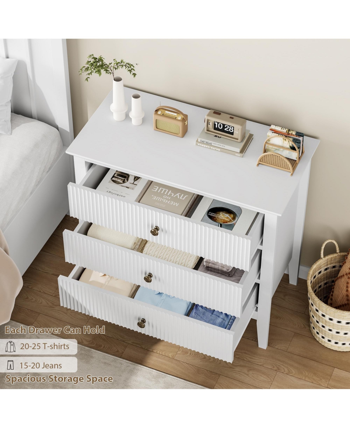32 x 16 x 30 in Set of 2 Three Drawer Chest, Engineered Wood Dresser Cabinet with Vertical Grain for Bedroom Living Room, White