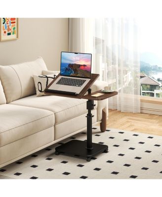Adjustable Height C-Shaped End Table with Wheels and 180degree(s) Swivel, Slide Under Sofa TV Tray,Brown