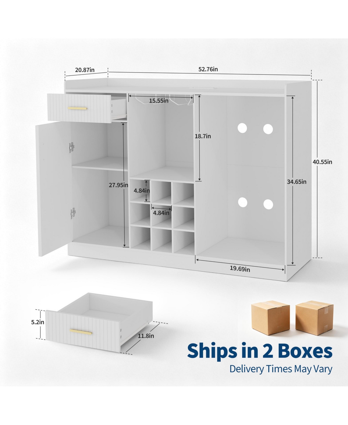 Multi-Functional Coffee Bar Cabinet with Fridge Space, Wine Rack, Glass Holder, Power Outlet and Led Light, Fluted Sideboard Mini Bar for Home Kitchen